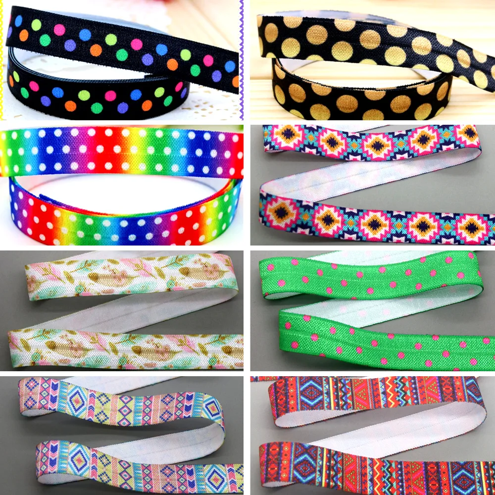 DHK 5/8'' 5yards Dot Tribe Chevron Pattern Printed Fold Elastic FOE Stretch Ribbon Decorations Craft DIY Sewing E2212