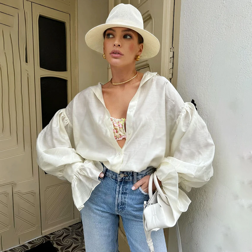 

Linad винтажные абрикосовые тканые рубашки с расклешенными рукавами, осенняя уличная шикарная однобортная блузка, женские модные повседневные топы с лацканами 2025