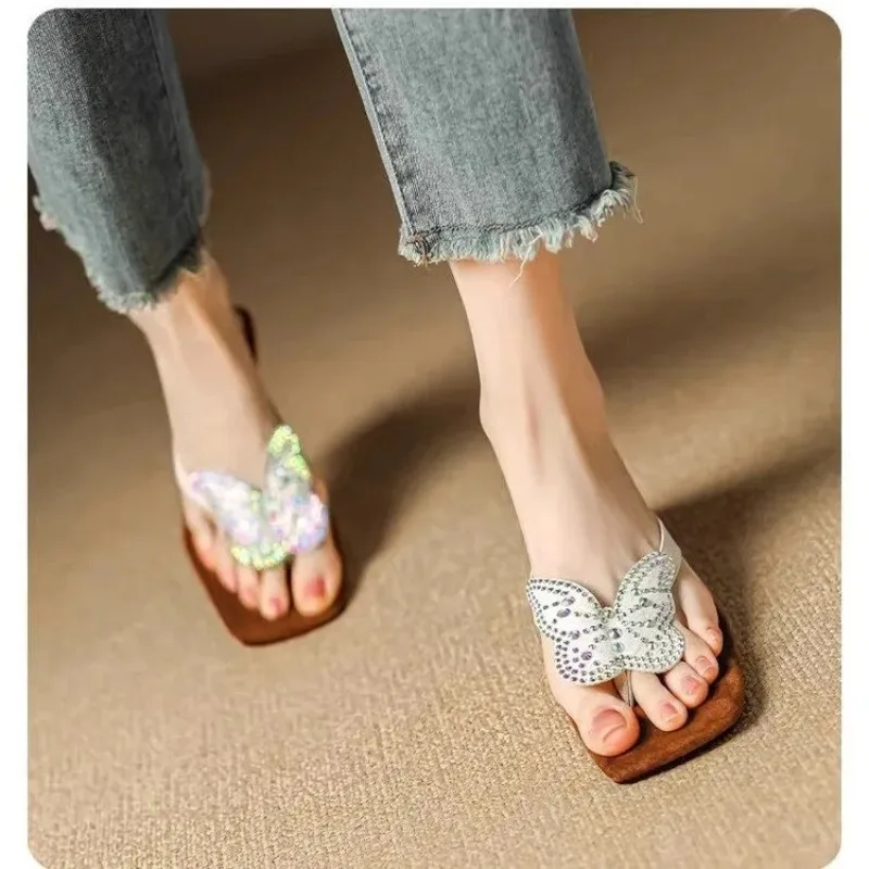 

Slippers Women Summer Outside 2026 New Rhinestone Flower Square Toe Flip-Flops Kitten Heel Sandals