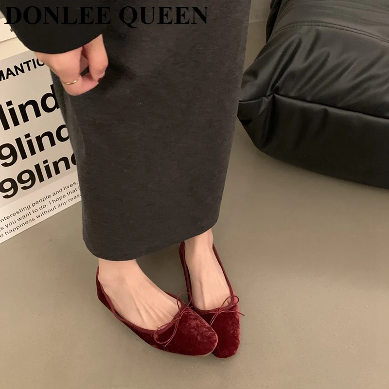 2024 Fashion Square Toe Flats Shoes Women Dress Ballet Slip On Shallow Flat Soft Bow Knot Ballerina Female Loafer Mary Jane Muje