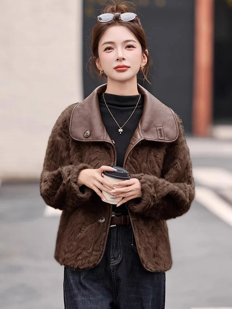 New Women Double Faced Velvet Split Leather Jacket Autumn Winter Fashion Turn-down Collar Thick Warm Loose Short Coat Female
