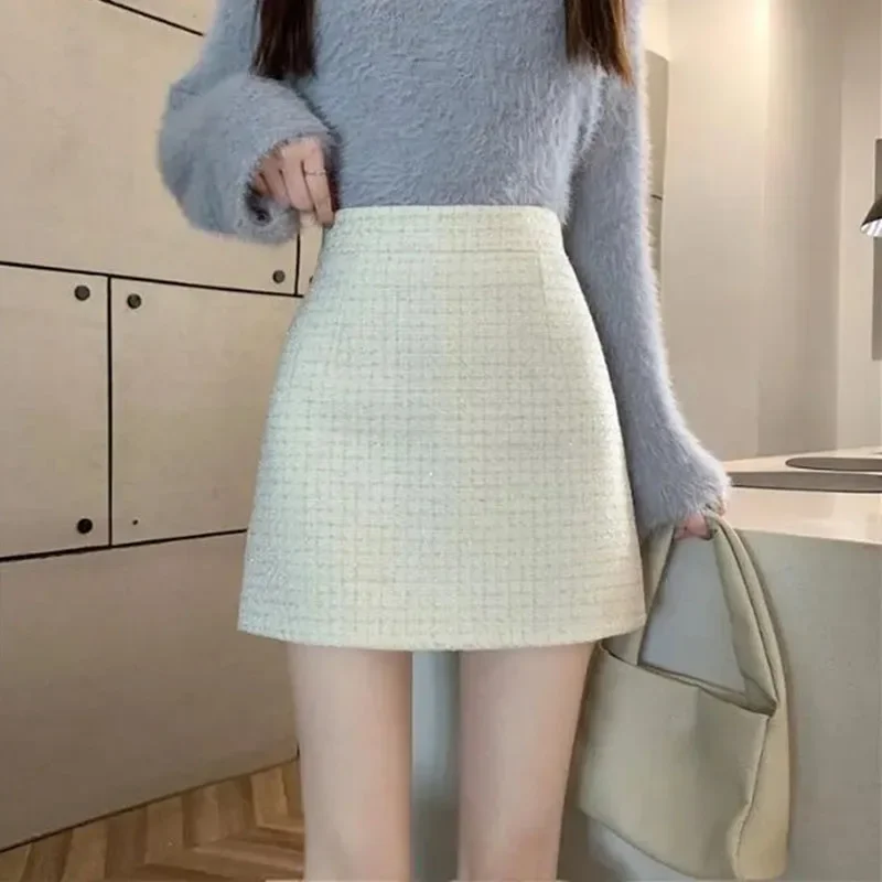 

New Mini Tweed Skirt Cake Solid Color Korean Style A-line Skirts Ruffles Casual Faldas Ajustadas Jupe Autumn