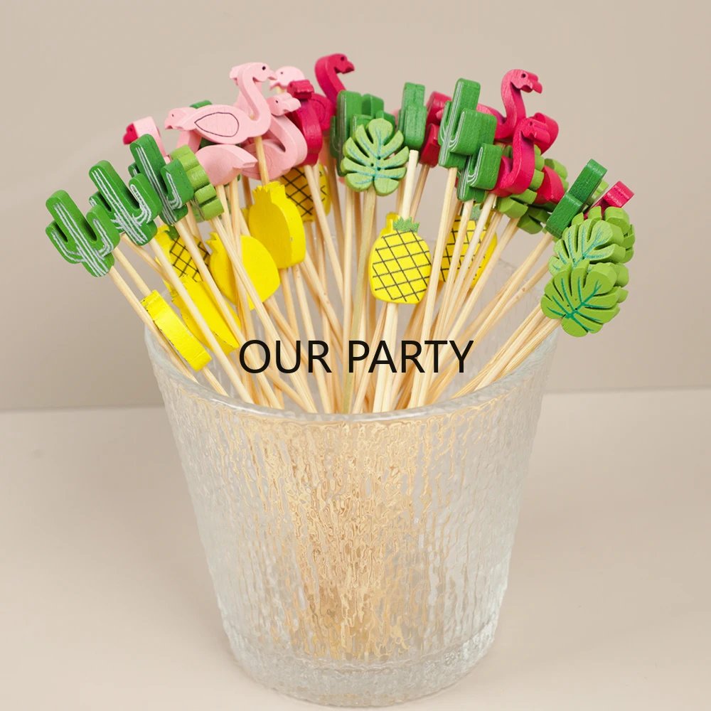 50Pcs Flamingo Pineapple Cactus Bamboo Fruit Forks Buffet Dessert Pick for Tropical Hawaii Theme Wedding Birthday Party Decor