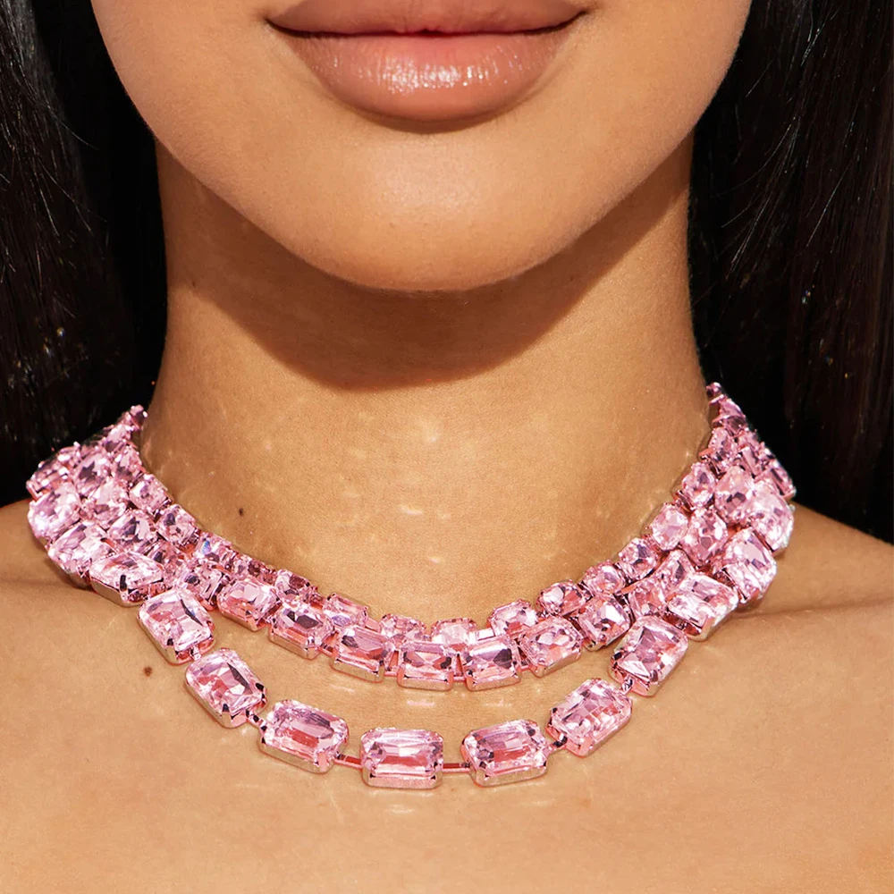 

Stylish Three Layers Square Choker Chain Multilayer Women Pageant Ornament Advanced Fashion Week Pink Rhinestone Collar Necklace