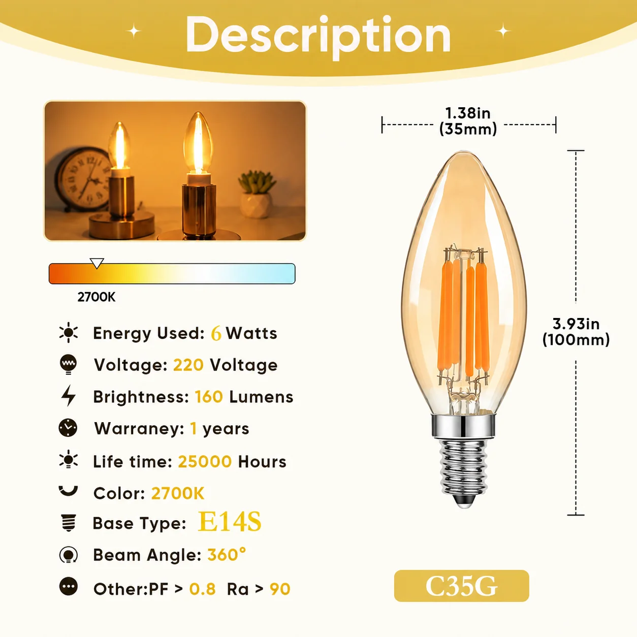 Dimmable C35G Amber Glass E14S Led Light Bulbs 220V Filament Lamp 6W Candle Lights Warm White 2700K Replaceable Chandelier Decor