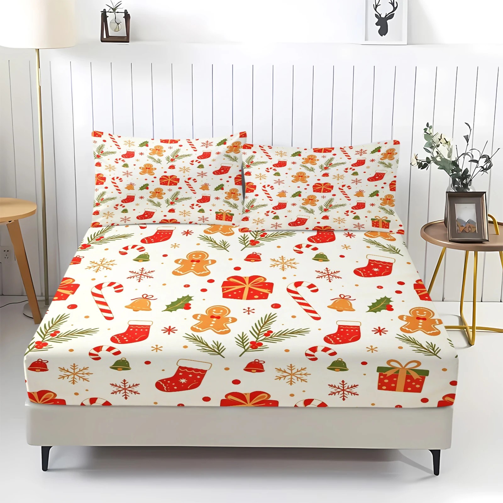 Christmas Fitted Sheet Set Gingerbread Man Gift Box Candy Cane Snowflake Print Elastic Deep Pocket Bed Sheet with Pillowcases