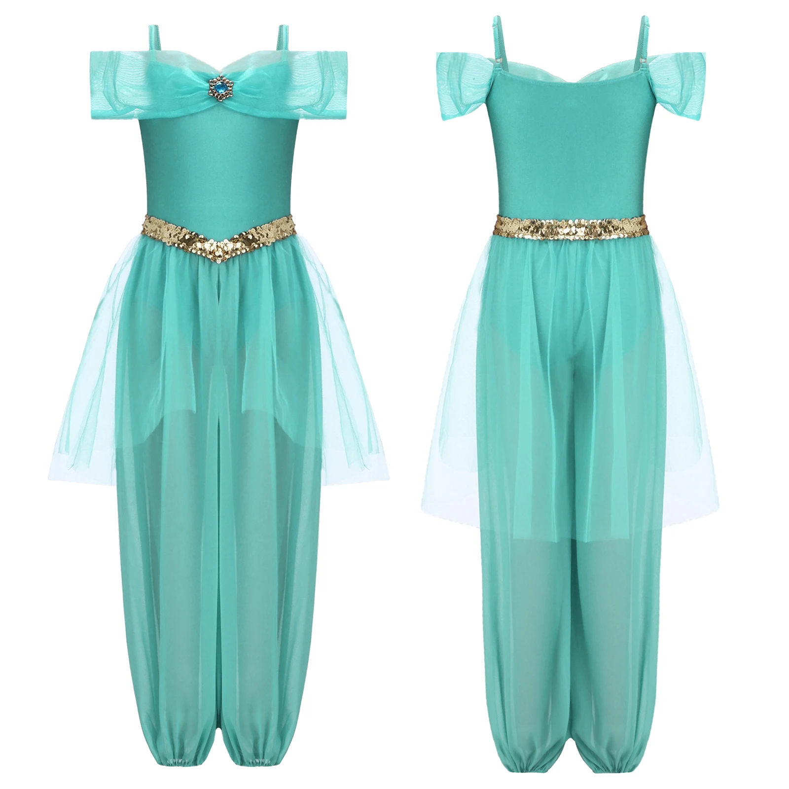 Image 3: Costume de Cosplay de princesse arabe pour filles, combinaison superposée en maille à paillettes, body de danse du ventre pour fête à thème de carnaval d'halloween