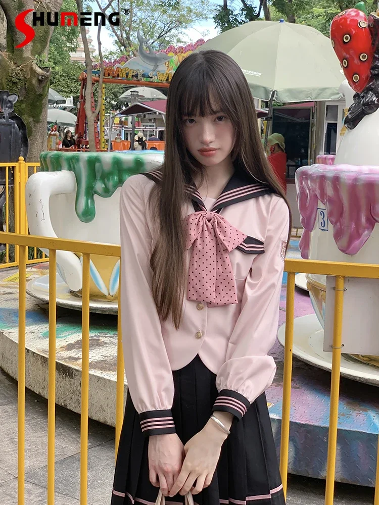 Japanese Preppy Style Jk Uniform Suit Pink Sailor Collar Long Sleeve Shirt High Waist A-line Pleated Skirt Two-piece Set Women