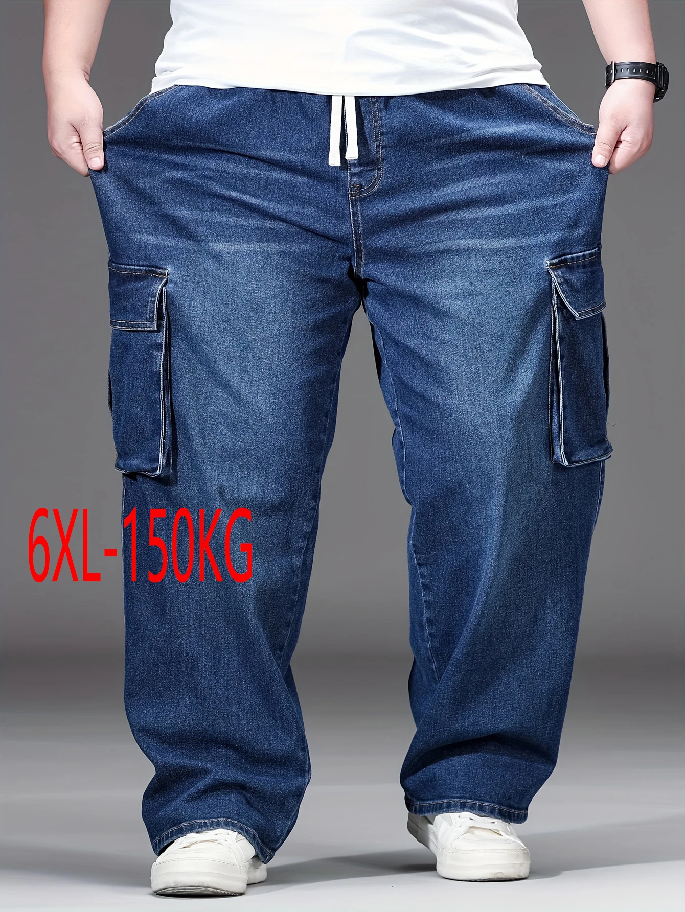 

2026 New Men Oversized Jeans High Waist Elastic Drawstring Stretch Baggy Denim Pants Casual Versatile Plus Size Trousers