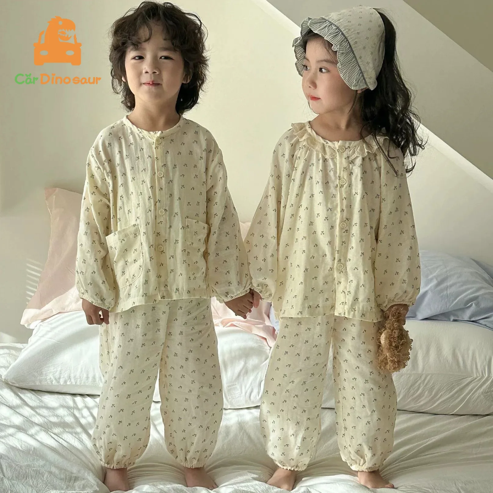 Autumn Spring 1-12 Years Children Cotton Full Print Shirt+Trousers 2 Pieces Suit Sleepwear Kids Boy Girl Soft Loose Pyjamas Set