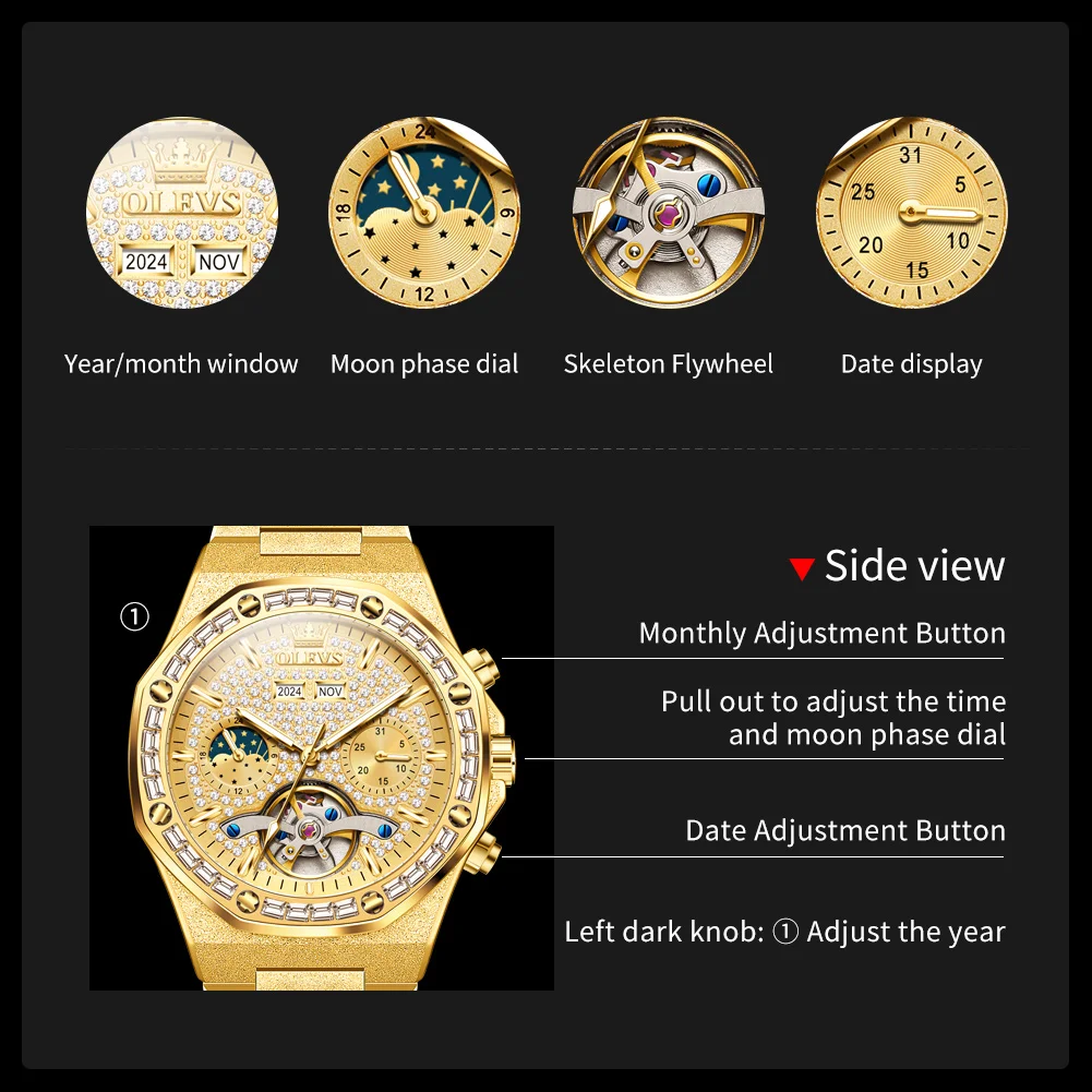 OLEVS 9805 Tourbillon Men Watch Fashion Moon Phase Calendar Week Waterproof Watch Luxury Fully Automatic Mechanical Watch Reloj