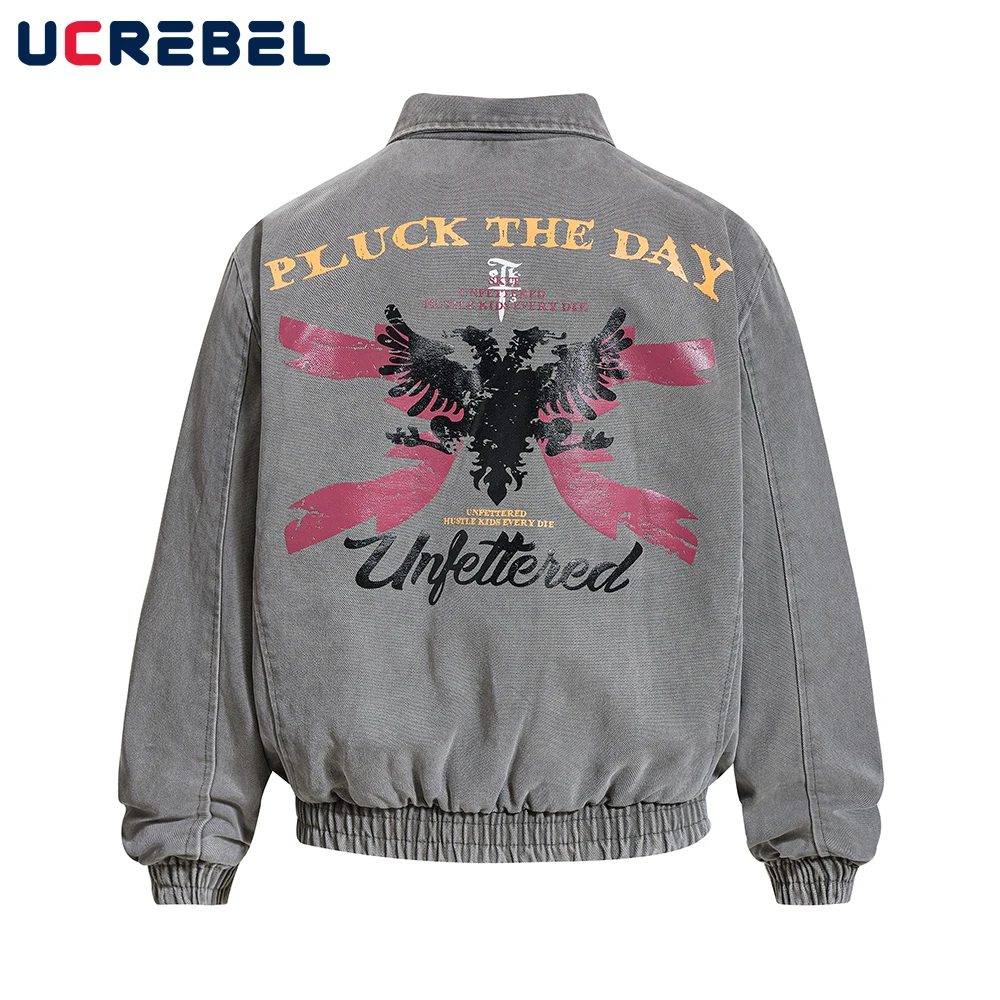 

Totem Print Cargo Jacket Mens Autumn Winter High Street Retro Washed Distressed Lapel Long Sleeve Outerwear Man