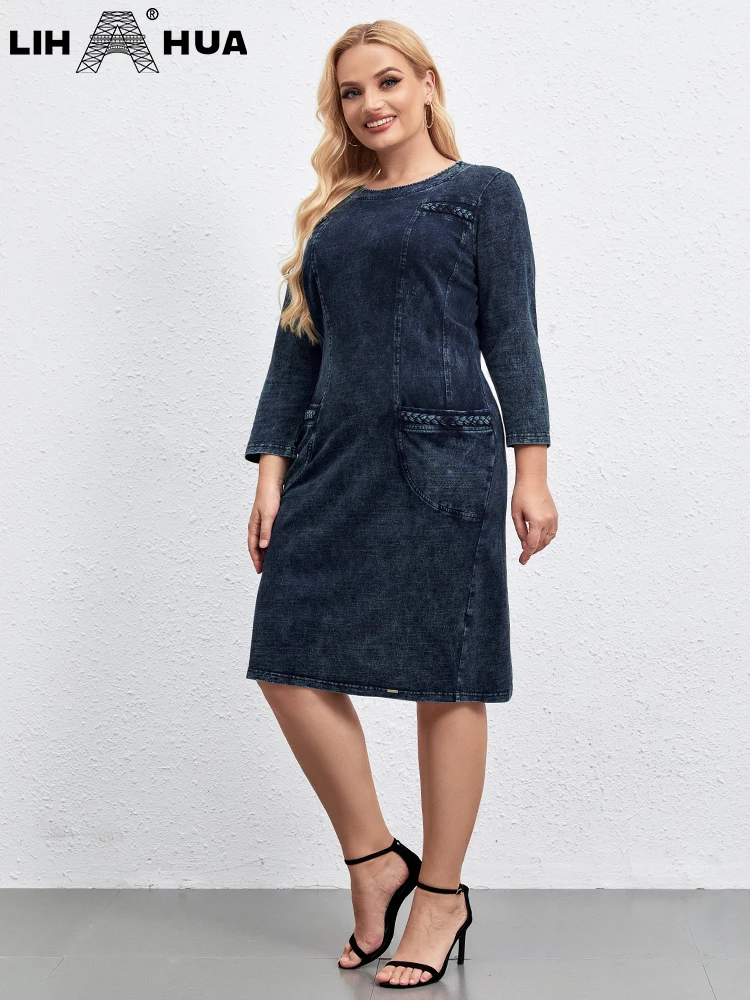 LIH HUA Women\'s Plus Size Denim Dress Round Neck Autumn Cotton Knit Casual Fashion Dress