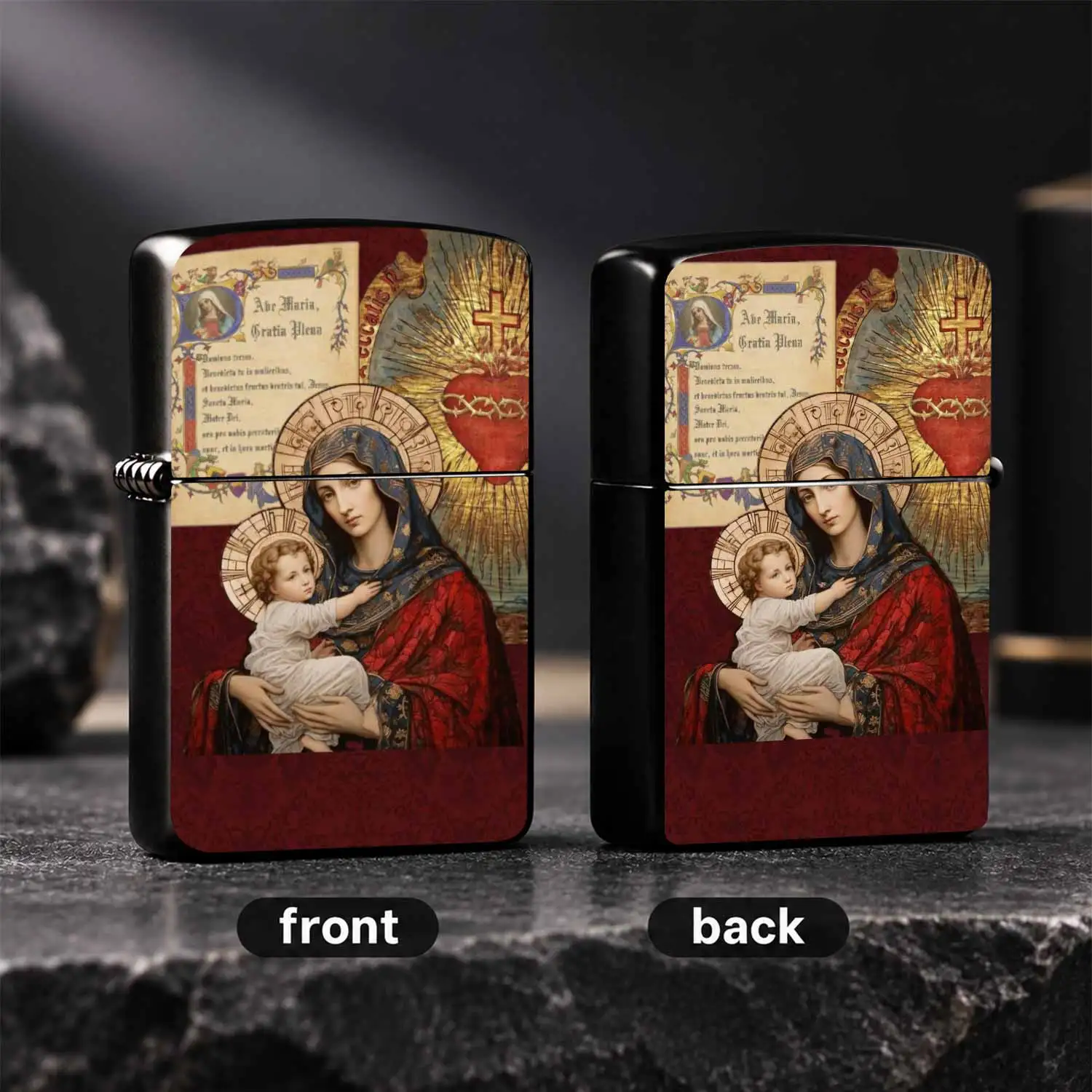 Vintage Religious Theme Windproof Lighter, Printed with Virgin Mary Holding Child, Sacred Heart Pattern & Latin Ave Maria Text, Decorative Collectible Present for Devotees, Daily Use for Lighting Cigarettes, Home Desktop Ornament Gift A F