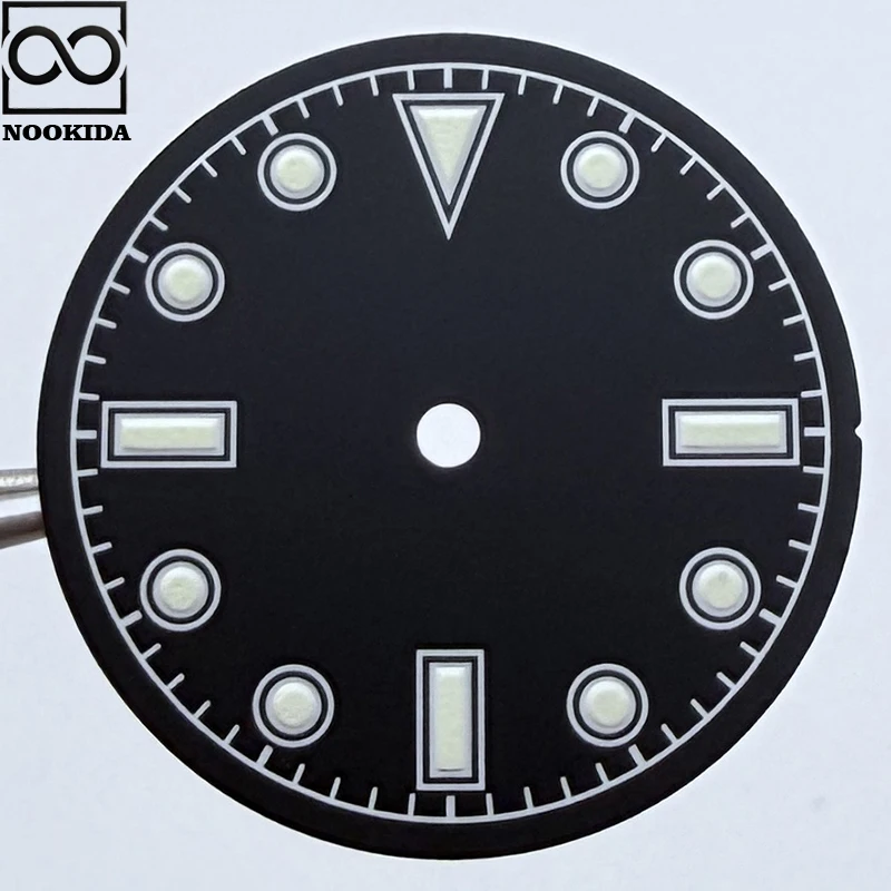 NOOKIDA 28.5mm Simple Green Luminous MOP Sterile Triangle Markers Vintage Watch Face Dial Suitable NH35 Automatic Movement Parts
