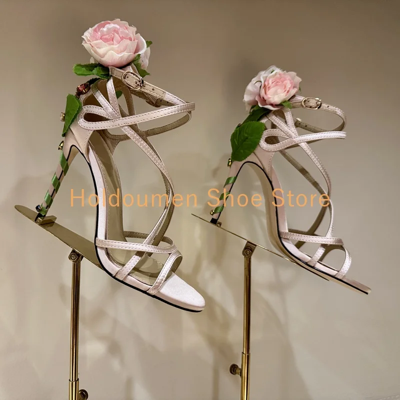 

Pink Handmade Rose Flower Green Leaf Heel Exquisite High Heel Sandal Cross Strap Fashion Peep Toe Stiletto Diamond Inlaid Sandal