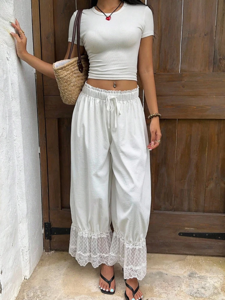 

Новые женские летние повседневные брюки в богемном стиле, праздничные пляжные кружевные лоскутные брюки с высокой талией, брюки на шнурке, женская домашняя одежда