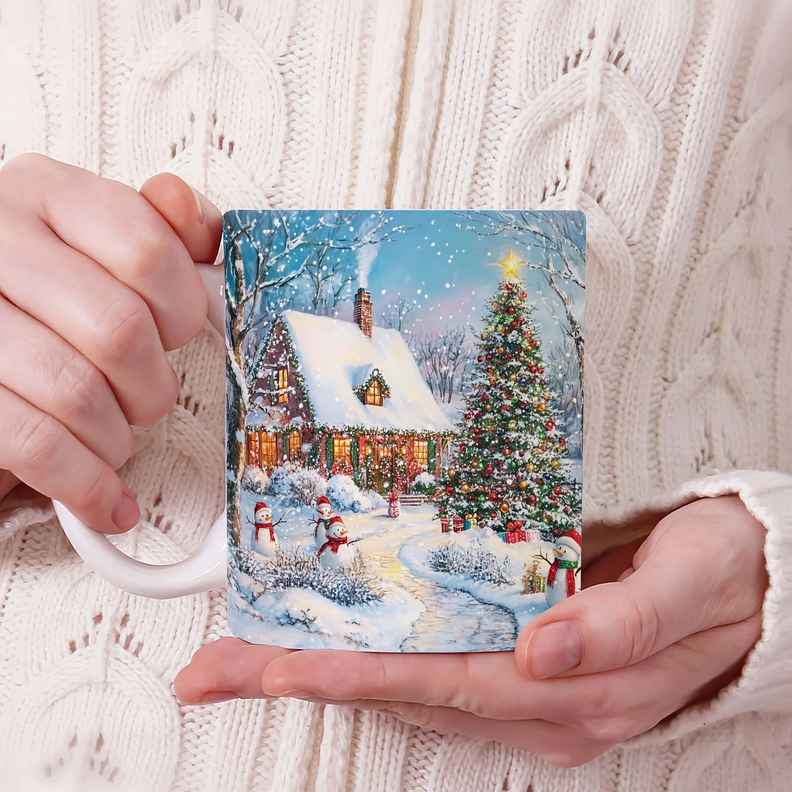 1pc Festive Snowman& Christmas Tree Ceramic Coffee Mug- 11oz Cup with Red& Green Holiday Design, Perfect for Hot& Cold Drinks, Ideal Gift for Christmas