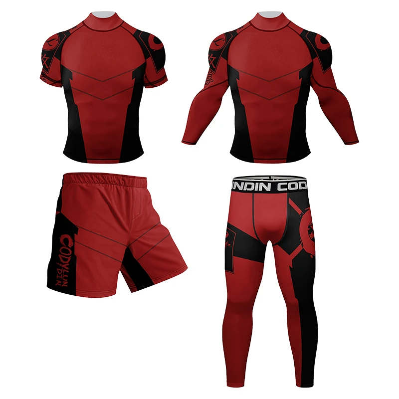 Cody Lundin Men's Red-Black Quick Dry Training 4 PCS/Set Compression Rashguard Leggings Shorts for BJJ MMA Muay Thai Workout
