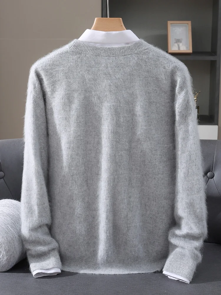 Luxury Men's 100% Mink Cashmere Thickening Sweater O-neck Grid Pullover Thick Knitwear Top Autumn Winter Anti-pilling Clothing