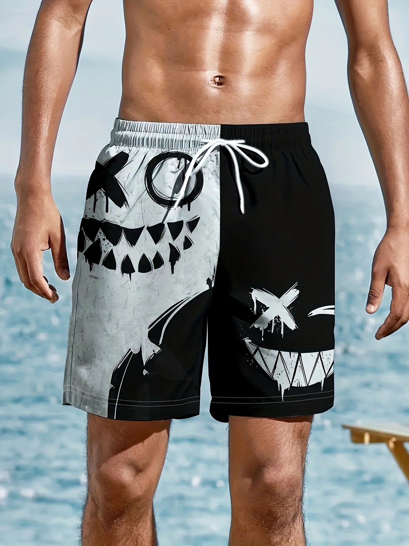 Men's Cartoon Smile Face Shorts Mid Waist Vintage Drawstring Waist Side Pockets Daily Wear for Spring & Summer