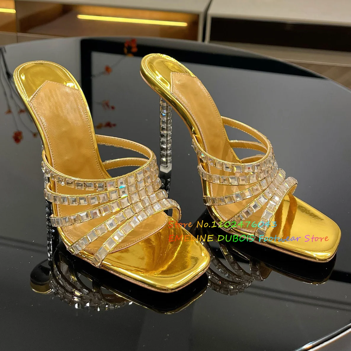 

Gold Patent Leather Water Diamond High Heel Sandals Square Headed Thin Heel Open Toe One line Strap Crystal Dress Slippers