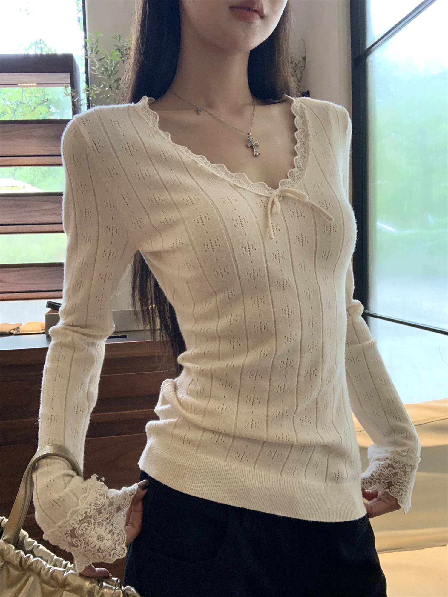 Y2K Cream Lace Trim V Neck Long Sleeve Top Women Pointelle Knit Bow Tie Slim Fit Flare Cuff Shirt 2000s Coquette Cute