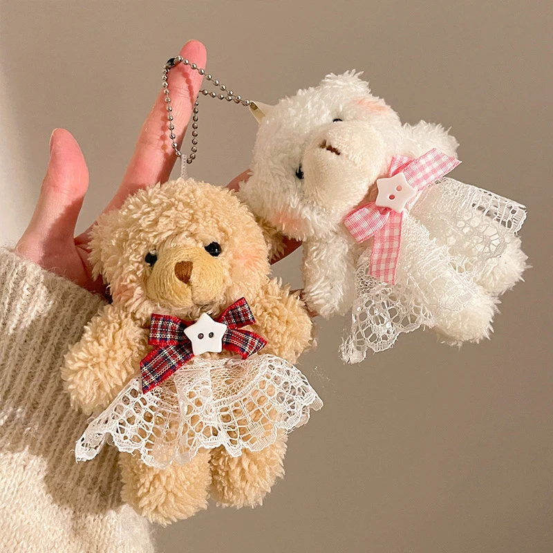 Bow Bear Plush Toy Keychain Cartoon Soft Stuffed Doll Pendant Car Key Ring Backpack Bag Decor Kid Gift