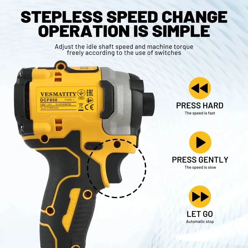 Vesmatity 20V Lithium Battery DCF850 Rechargeable Brushless Compact Electric Screwdriver Hand Drill Impact Driver