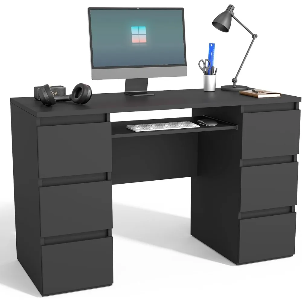 Computer Desk With Drawers, Black Writing Table for Bedroom, Modern Gaming Workstation With Storage & Shelf, Thick Wood Study Ta