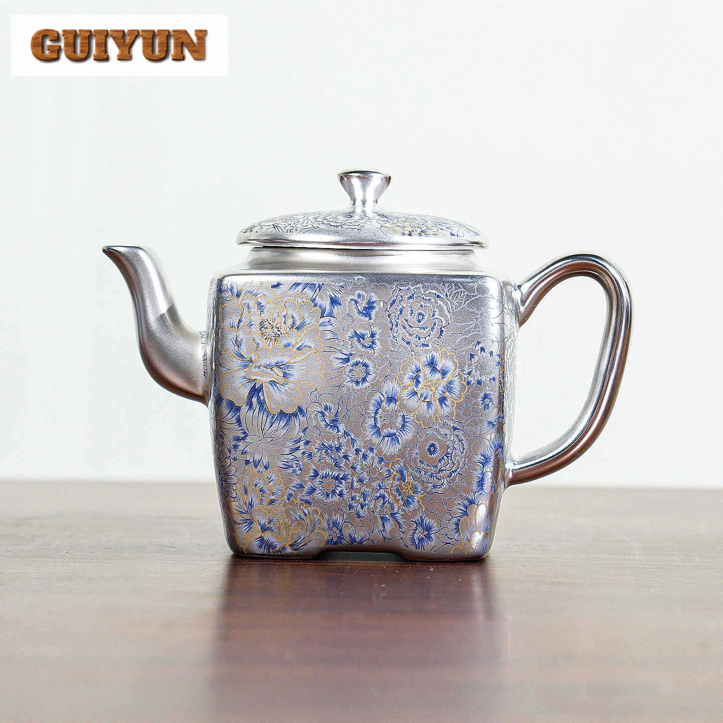 

200ml Handmade 999 Pure Gilt Silver ceramic Teapot Retro Tea Infuser Pot Tea Soaking Kettle With Strainer Cafes Pot Bearing