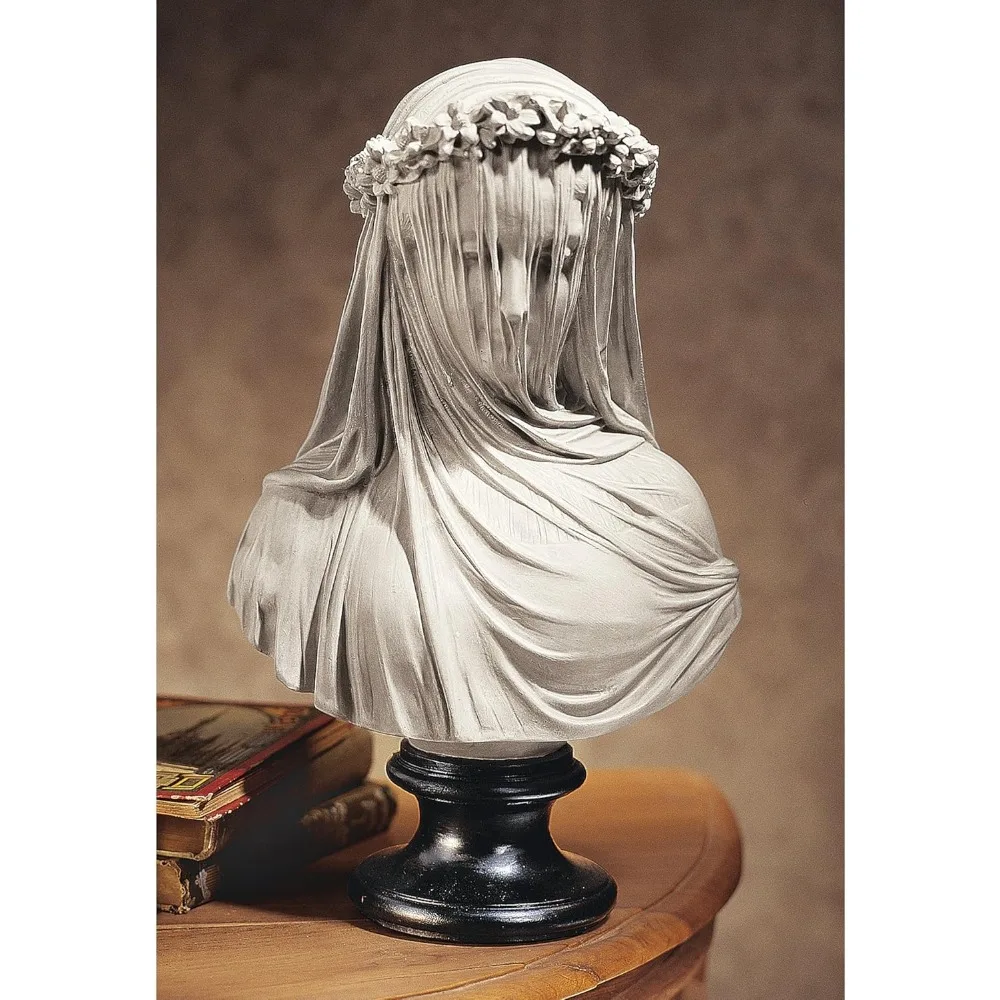 Indoor Half Body Statue of a Veiled Girl, High Hand Cast Resin, Antique White Finish, Black Painted Base, 14 in