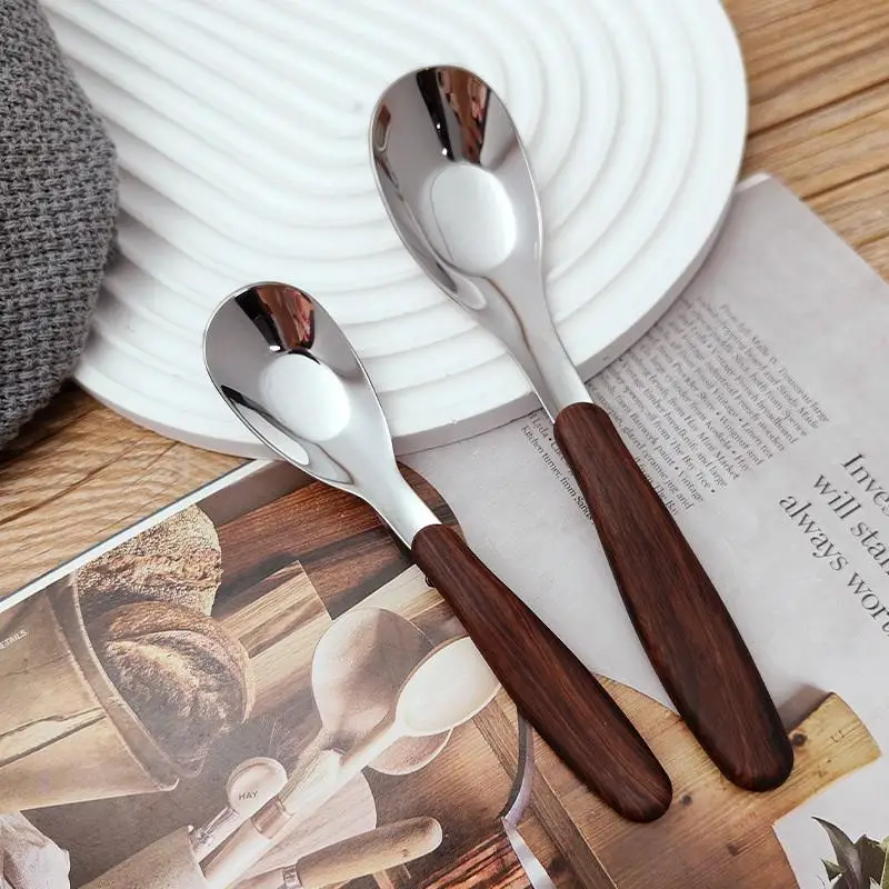 (Ce14)Stainless Steel Spoon With Imitation Wood Grain Handle Home Kitchen Tableware Dinnerware Dinner Dessert Rice Soup Gadget