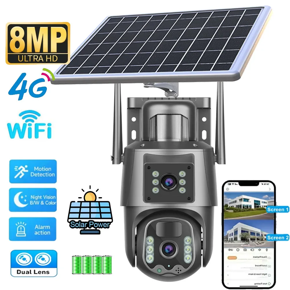 4G / WiFi Solar Camera Dual Lens Screen Outdoor 8MP 4K Low Power Battery IP Camera PIR Human Detection CCTV Security Protection