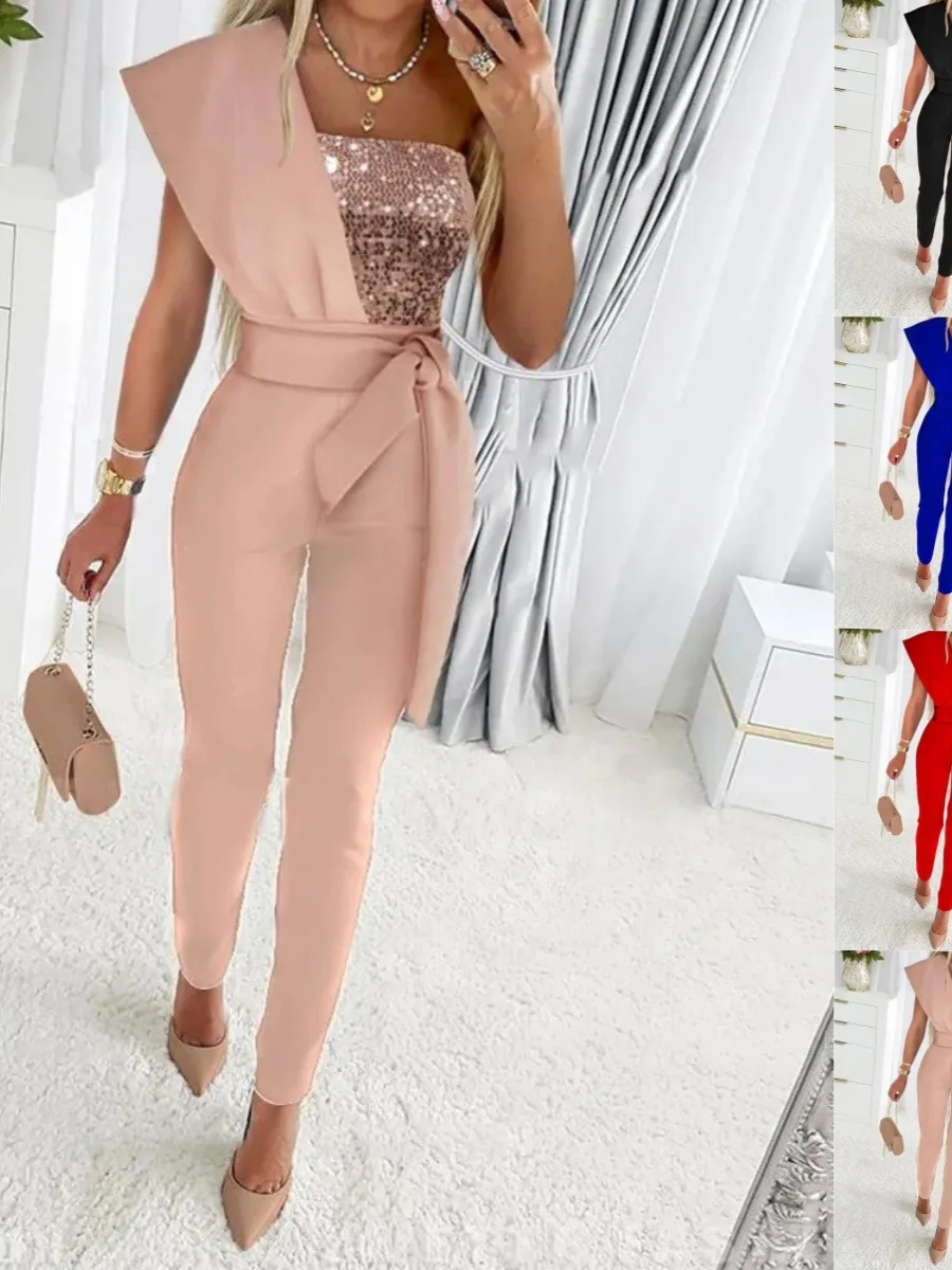 

Цветной комбинезон с поясом и длинными брюками с высокой талией и блестками, однотонный цельный костюм