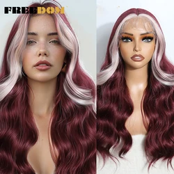 FREEDOM-peluca sintética con malla frontal para mujer, cabellera de 22 pulgadas con ondas corporales, color ombré, marrón, Rubio, rojo vino, fácil de usar, Cosplay blanco