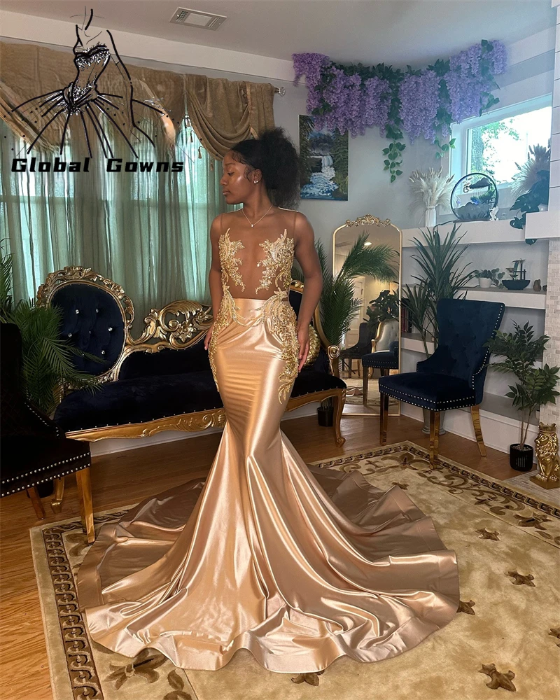 

Gold O Neck Long Prom Dresses For Black Girls Bead Crystal Appliques 2024 Birthday Luxury Dress Graduation Gown Customized