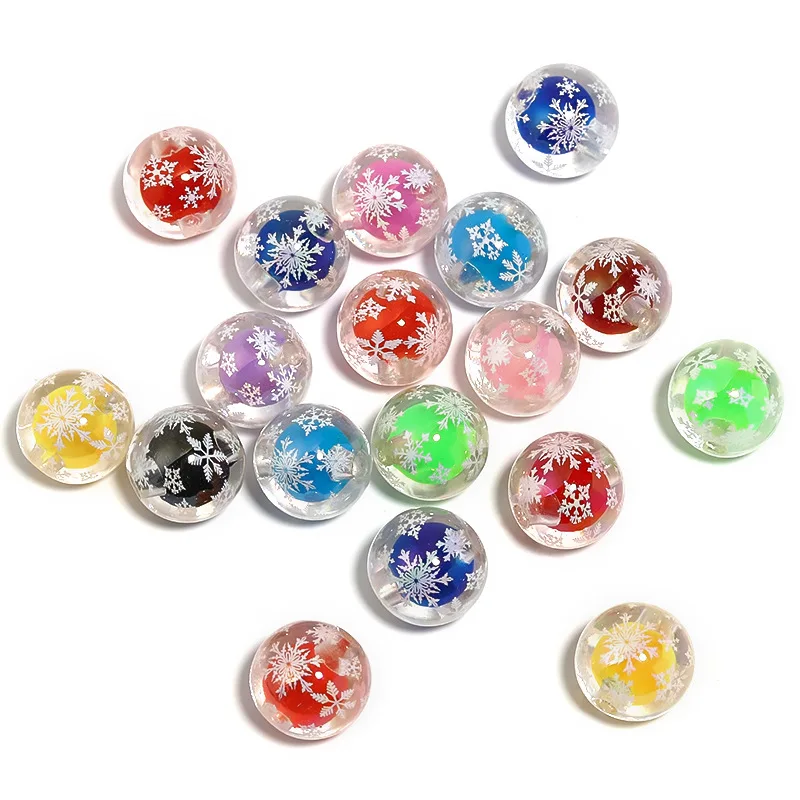 Trendy New Christmas Style Snowflake Painting Round Acrylic Gumball Beads Fit Bracelet Necklace Earring Ornament Pen 16mm 100pc