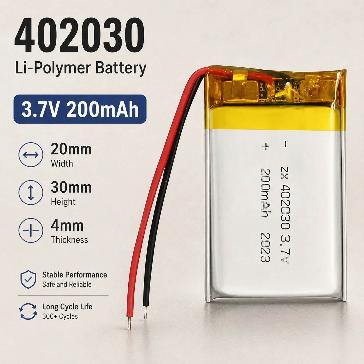 402030 3.7V 200mAh LiPo Battery 20x30x4mm Rechargeable Lithium Polymer Cell with Wire for Bluetooth Headset GPS MP3 Toy DIY