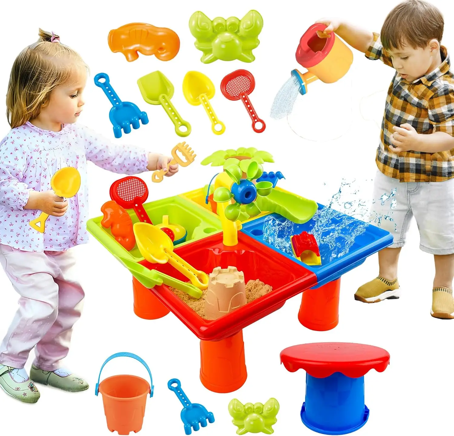 4 In 1 Kids Water and Sand Outdoor Activity Sensory Toy 25 Pcs Summer Water Table for Toddlers  Beach Pool Backyard Toys