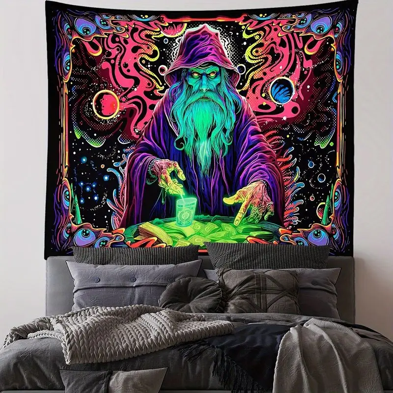 VIKAMA Trippy Wizard Tapestry Psychedelic Cosmic Blacklight Wall Hanging Bedroom Dorm Gaming Room Decor