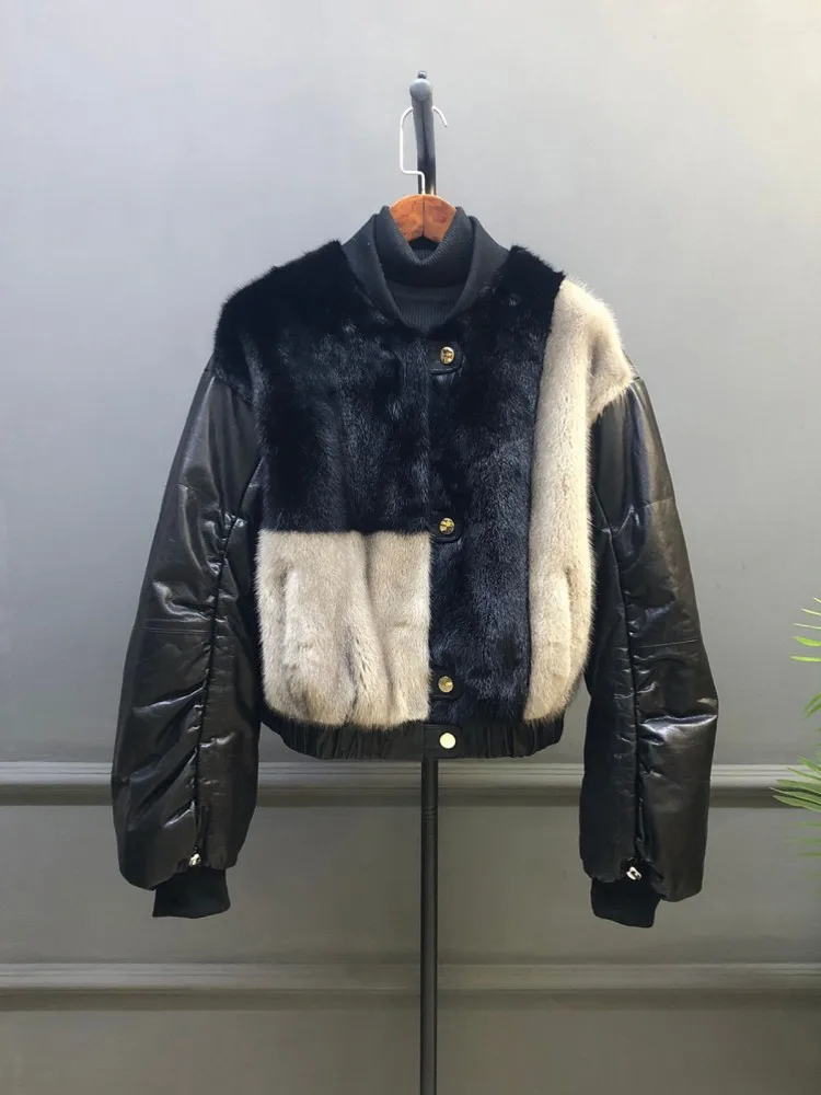 Fashion Winter Women Cowhide Genuine Leather Spliced Real Mink Fur Jacket Vintage O Neck Single Breasted Loose Goose Down Coat