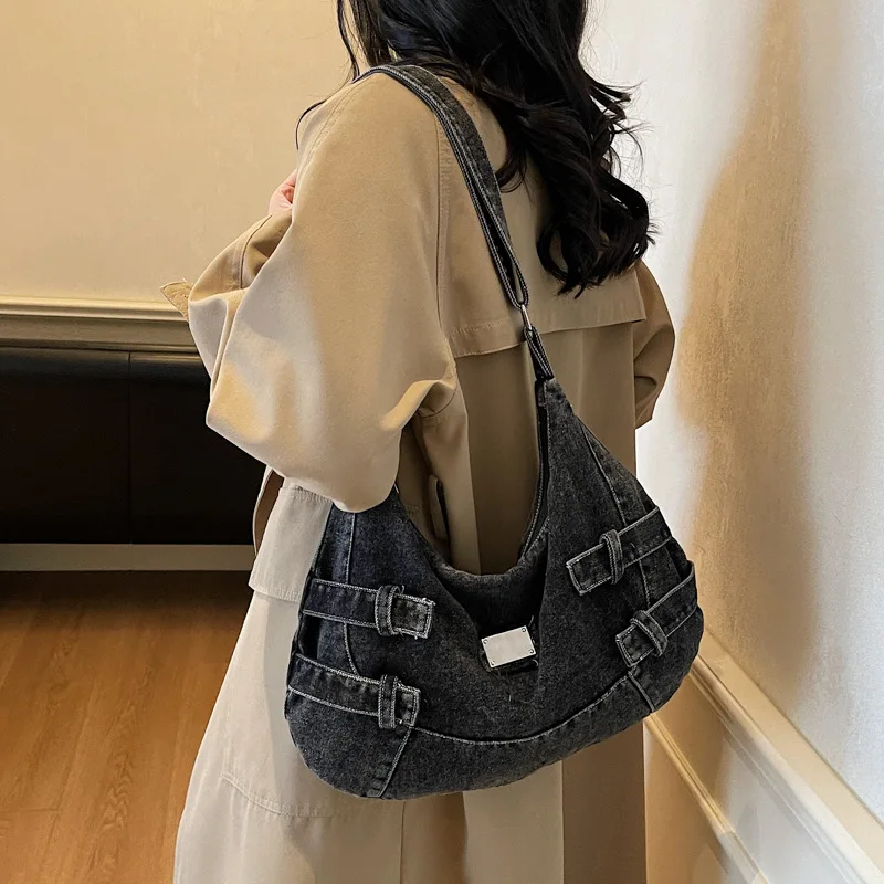 

Джинсовая сумка через плечо 2025 года, просторная женская сумка через плечо, нишевая сумка для пельменей, повседневная сумка «день-ночь», текстурированная сумка-слинг