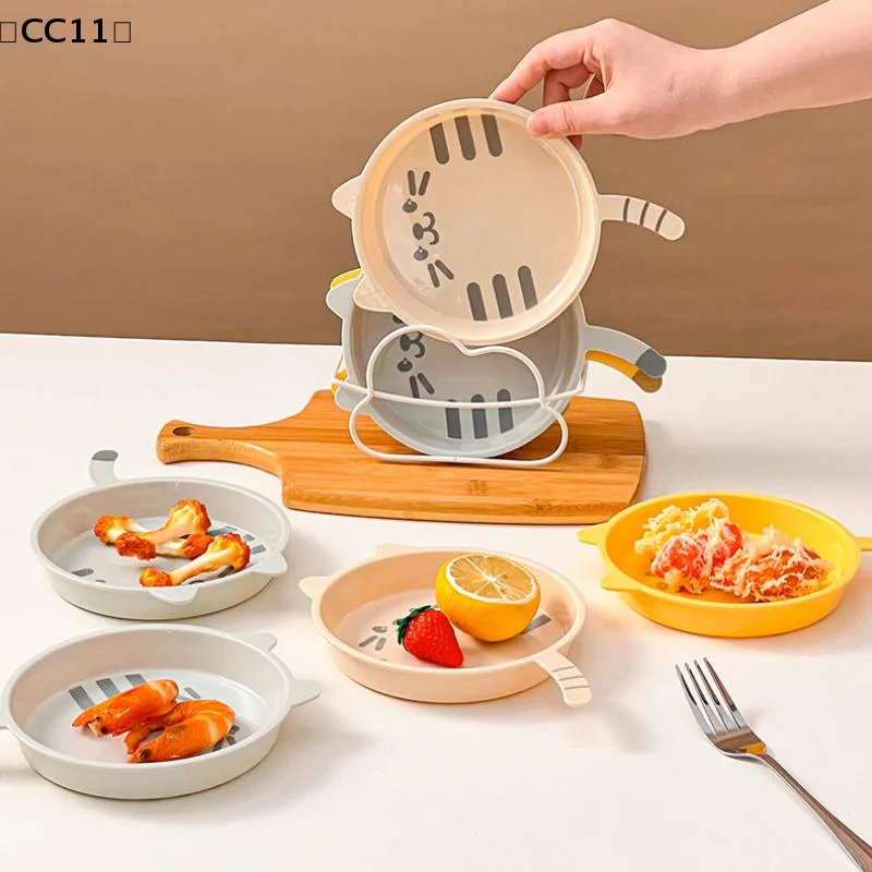 3Pcs Cute Cat Pattern Plastic Dessert Snack Food Plate Reusable Spit Bone Dish Microwave Dishwasher Safe Kitchen Tableware〔CC11〕