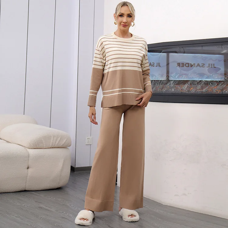 Women Sweater Winter 2 Piece Sets Elegnat Knitted Home Suits Female Sweaters Stripe Top Wide Leg Pants Vintage Womens Outfit