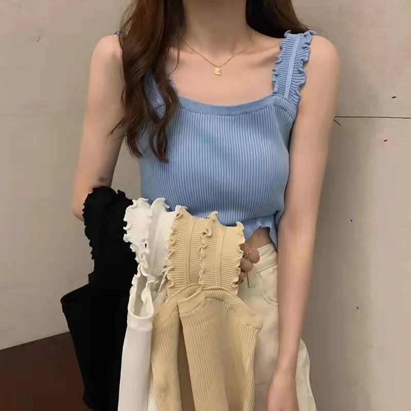 Woman's Tshirts Superior Quality spring/summer Knitting Solid Color Sleeveless Square Neck Ladies Tops Dropshipping AYX123