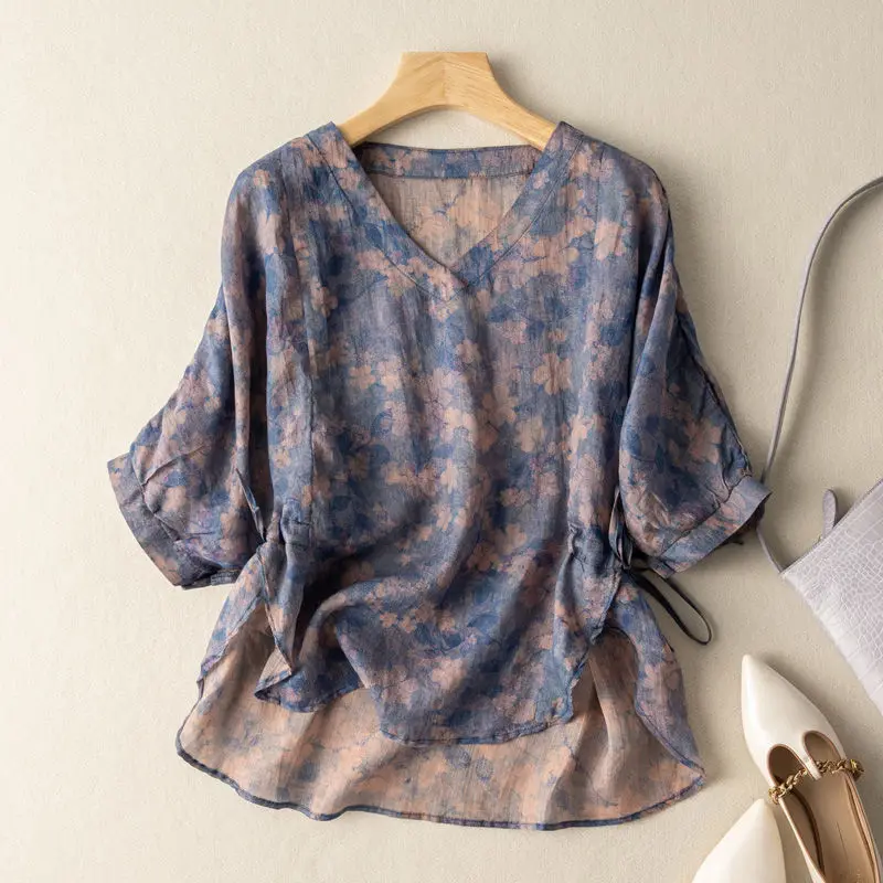 Novedad de verano, Top de estilo Retro de manga corta con estampado y tinte, camisa holgada y cómoda