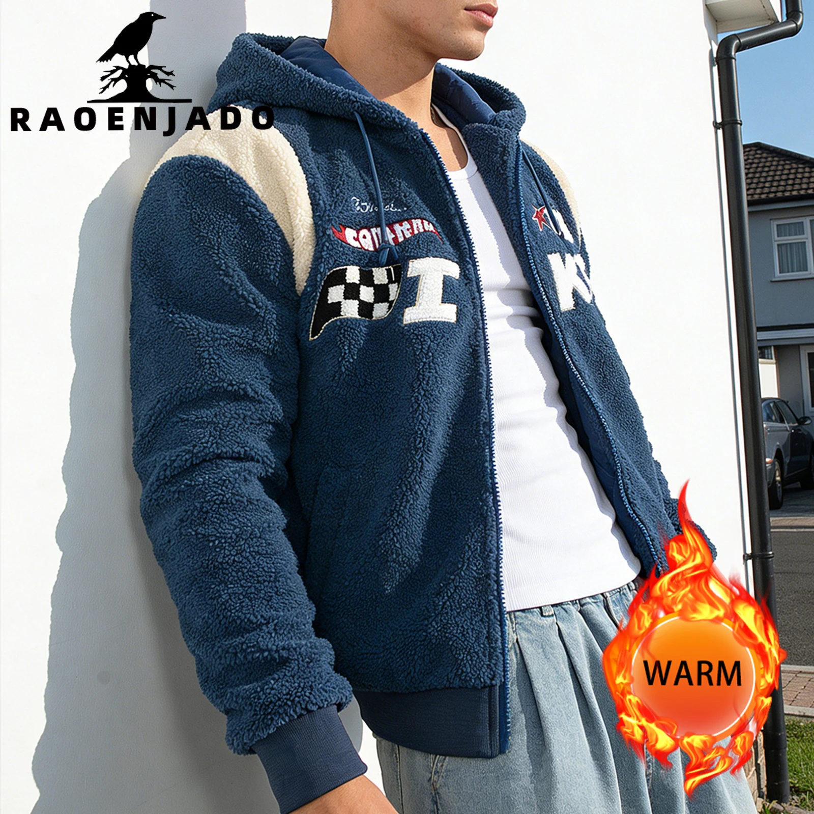 Men's Casual Fleece Jacket Thick Warm Hooded Letterman Coat Full Zipper Colorblock Outerwear with Fine Embroidery for Daily Wear
