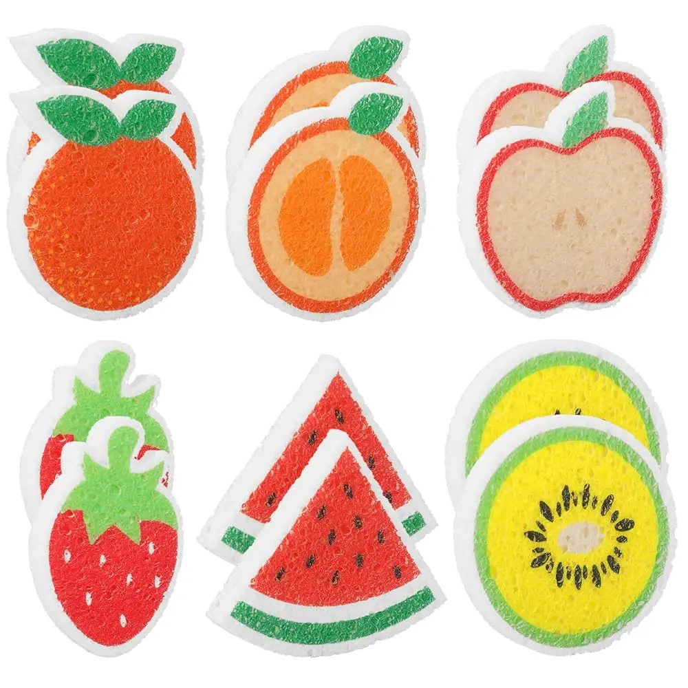 

12Pcs Fruit Shaped Kitchen Sponges 6 Design Cute Apples Orange Watermelon Strawberry Water Absorbing Dish Washing Sponges No