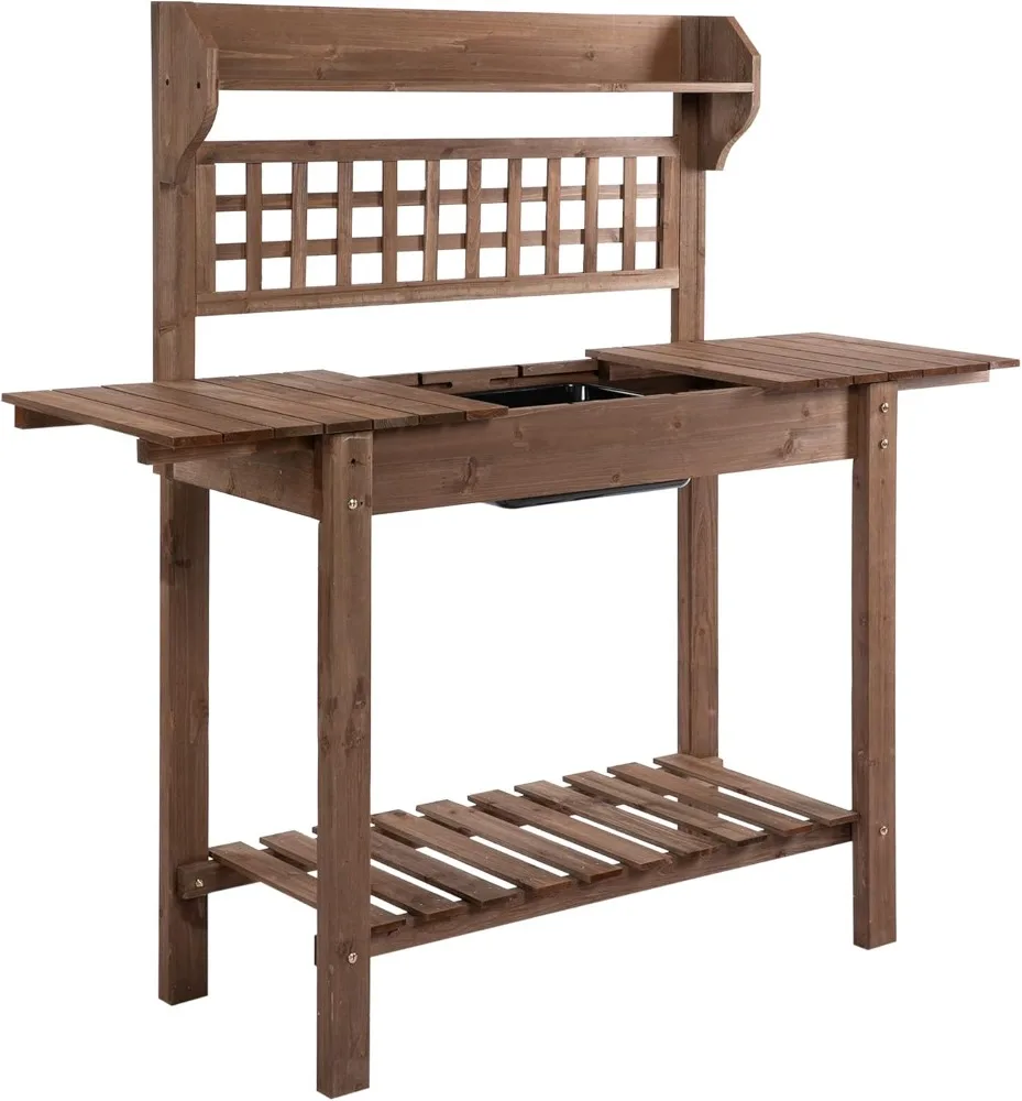 

Outsunny Outdoor Potting Bench Table, Wooden Workstation with Sliding Tabletop, Storage Shelf and Dry Sink, for Greenhouse